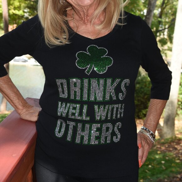 St. Patrick's rhinestone black long sleeve shirt XS S M L XL XXL 1X 2X 3… - Picture 1 of 7